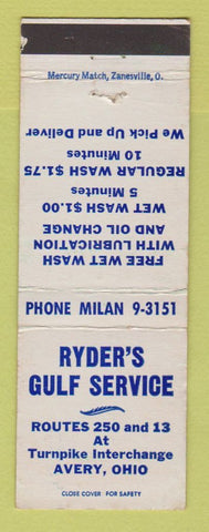 Matchbook Cover - Gulf oil gas Ryder's Avery OH