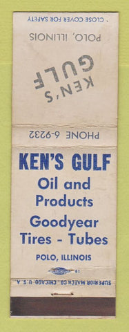 Matchbook Cover - Gulf oil gas Ken's Polo IL Goodyear Tires WEAR