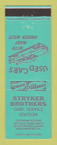 Matchbook Cover - Gulf oil gas Stryker Brothers Williamsport PA