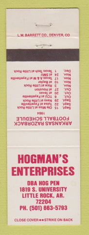 Matchbook Cover - Hogman's Enterprises 1984 Arkansas Schedule Little Rock AR