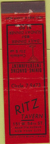 Matchbook Cover - Ritz Tavern New York City Midget
