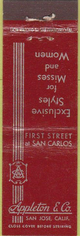 Matchbook Cover - Appleton  and  Co clothes San Jose CA Midget