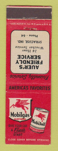 Matchbook Cover - Mobil oil gas Auer's Syracuse IN low phone #