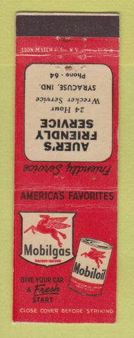 Matchbook Cover - Mobil oil gas Auer's Syracuse IN low phone # LAMINATED