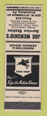 Matchbook Cover - Mobil oil gas Joe Menchio's Greensburg PA WHITE LAMINATED