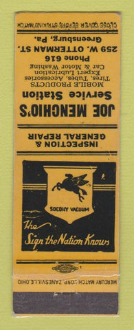 Matchbook Cover - Mobil oil gas Joe Menchio's Greensburg PA YELLOW LAMINATED