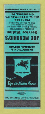 Matchbook Cover - Mobil oil gas Joe Menchio's Greensburg PA TEAL LAMINATED