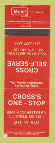 Matchbook Cover - Mobil oil gas Cross's One Stop Ellisville MO WEAR