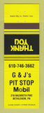 Matchbook Cover - Mobil oil gas G&J's Pit Stop Bethlehem PA