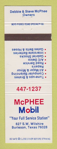 Matchbook Cover - Mobil oil gas McPhee Burleson TX