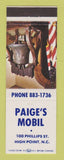 Matchbook Cover - Mobil oil gas Paige's High Point NC