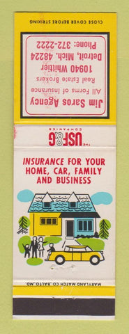 Matchbook Cover - Jim Saros Insurance Detroit MI USF&G