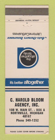 Matchbook Cover - C Harold Bloom Insurance Northville MI