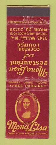 Matchbook Cover - Mona Lisa Restaurant Los Angeles CA WORN BACK