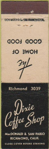 Matchbook Cover - Dixie Coffee Shop Richmond CA Midget