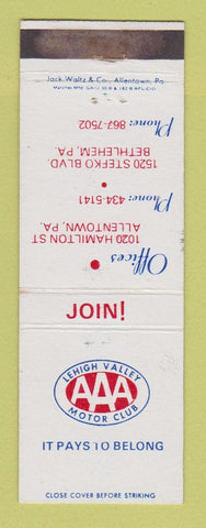 Matchbook Cover - AAA Lehigh Valley Motor Club Bethlehem Allentown PA WEAR