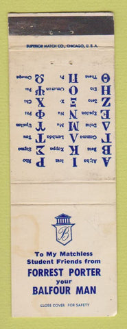 Matchbook Cover - Balfour Fraternity Sales Forrest Porter Cincinnati OH WEAR