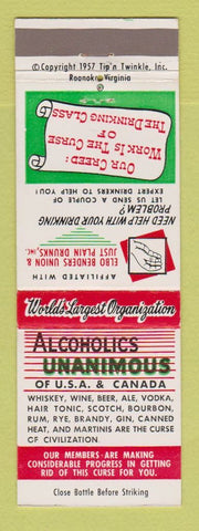 Matchbook Cover - Alcoholics Unamimous Joke Gag Tip Twinkle