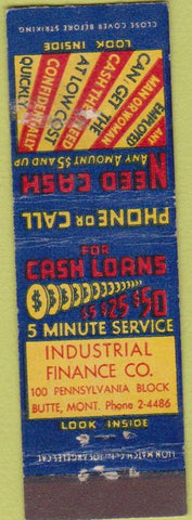 Matchbook Cover - Cash Loans Industrial Finance Butte MT Midget
