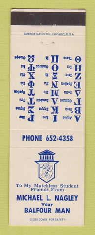 Matchbook Cover - Balfour Fraternity Sales Michael Nagley New Castle PA