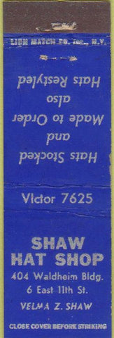 Matchbook Cover - Shaw Hat Shop Midget
