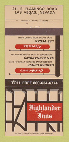 Matchbook Cover - Highlander Inns San Bernardino Garden Grove CA 30 Strike