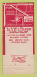 Matchbook Cover - La Villa Basque French Restaurant Vernon CA 30 Strike