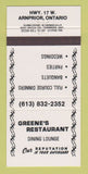 Matchbook Cover - Green's Restaurant Arnprior ON 30 Strike