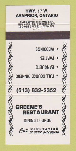 Matchbook Cover - Green's Restaurant Arnprior ON 30 Strike