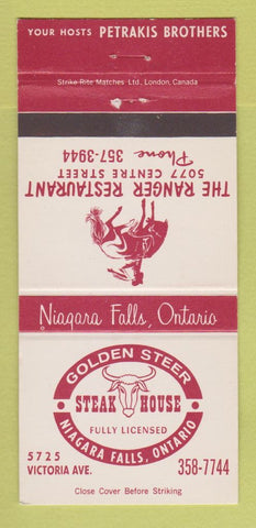 Matchbook Cover Ranger Restaurant Golden Steer Steak Niagara Falls ON 30 Strike