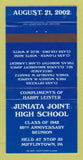 Matchbook Cover Juniata Joint High School Reunion 2002 Mifflintown PA 30 Strike