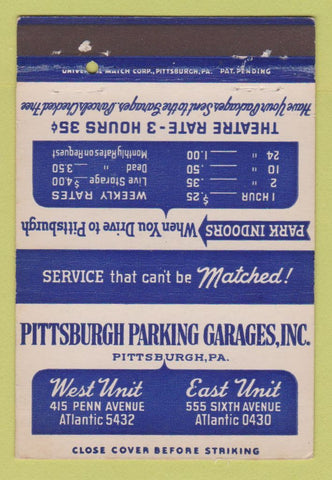Matchbook Cover - Pittsburgh Parking Garages Pittsburgh PA 40 Strike