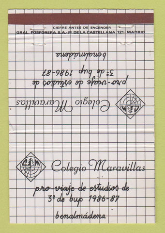 Matchbook Cover - Colegio Maravillas Spain 1986 40 Strike