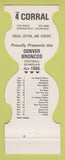 Matchbook Cover - Denver Broncos Football 4 Corral Springfield Colorado 1986