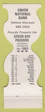 Matchbook Cover - Green Bay Packers Football Union Bank Ashland WI 1983