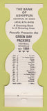 Matchbook Cover - Green Bay Packers Football Ashippun WI Bank 1984