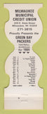 Matchbook Cover - Green Bay Packers Football Milwaukee WI Credit Union 1984