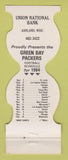 Matchbook Cover - Green Bay Packers Football Union Bank Ashland WI 1984