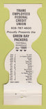 Matchbook Cover - Green Bay Packers Football Trane Credit Union 1984