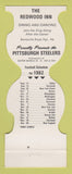 Matchbook Cover - Pittsburgh Steelers Football Redwood Inn PA 1982