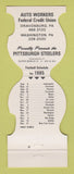 Matchbook Cover - Pittsburgh Steelers Auto Workers Credit Dravosburg PA 1985