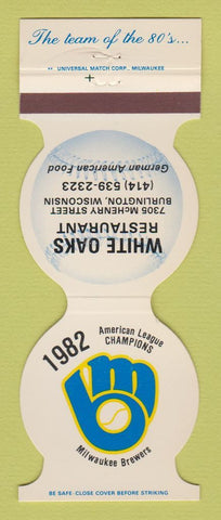 Matchbook Cover - Milwaukee Brewers Baseball White Oaks Burlington WI 1983