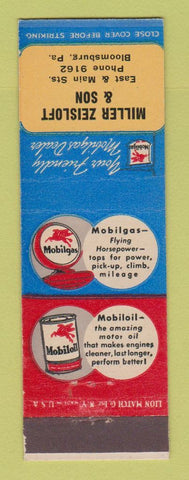 Matchbook Cover - Mobil oil gas Miller Zeisloft Bloomsburg PA