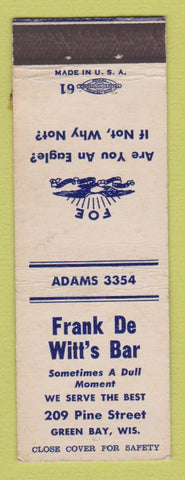 Matchbook Cover - Eagles Club Frank De Witt's Bar Green Bay WI Budweiser Beer