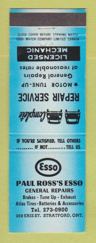Matchbook Cover - Paul Ross's Esso oil gas Stratford ON