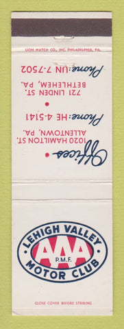Matchbook Cover - AAA Motor Club Lehigh Valley Allentown Bethlehem PA