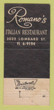 Matchbook Cover - Romano's San Francisco CA Italian Restaurant 30 Strike