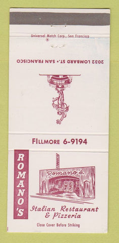Matchbook Cover - Romano's Italian Restaurant Pizza San Francisco CA 30 Strike