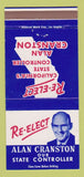 Matchbook Cover - Alan Cranston State Controller Election CA 30 Strike