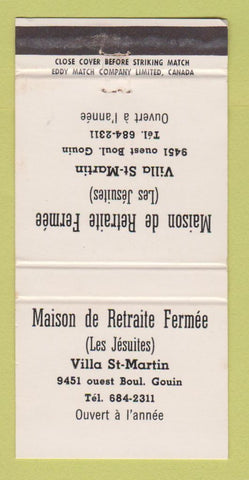 Matchbook Cover - Masion De Retraite Jesuites Villa St Martin QC WEAR 30 Strike